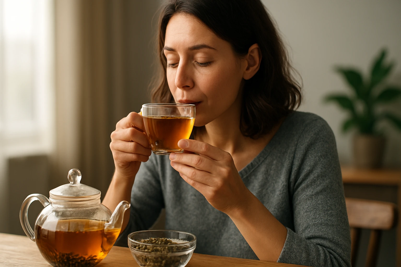 Žena si vychutnáva čaj Szűztea Forte, ktorý podporuje zdravie.