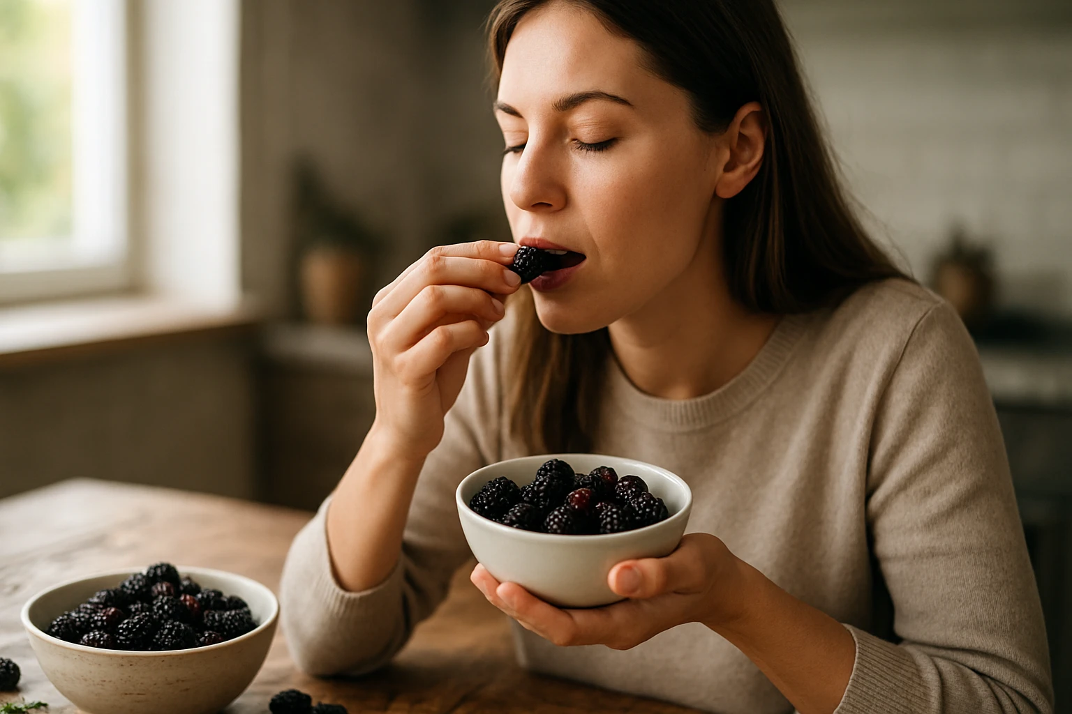 Žena vychutnáva si moruše z misky v útulnom prostredí.