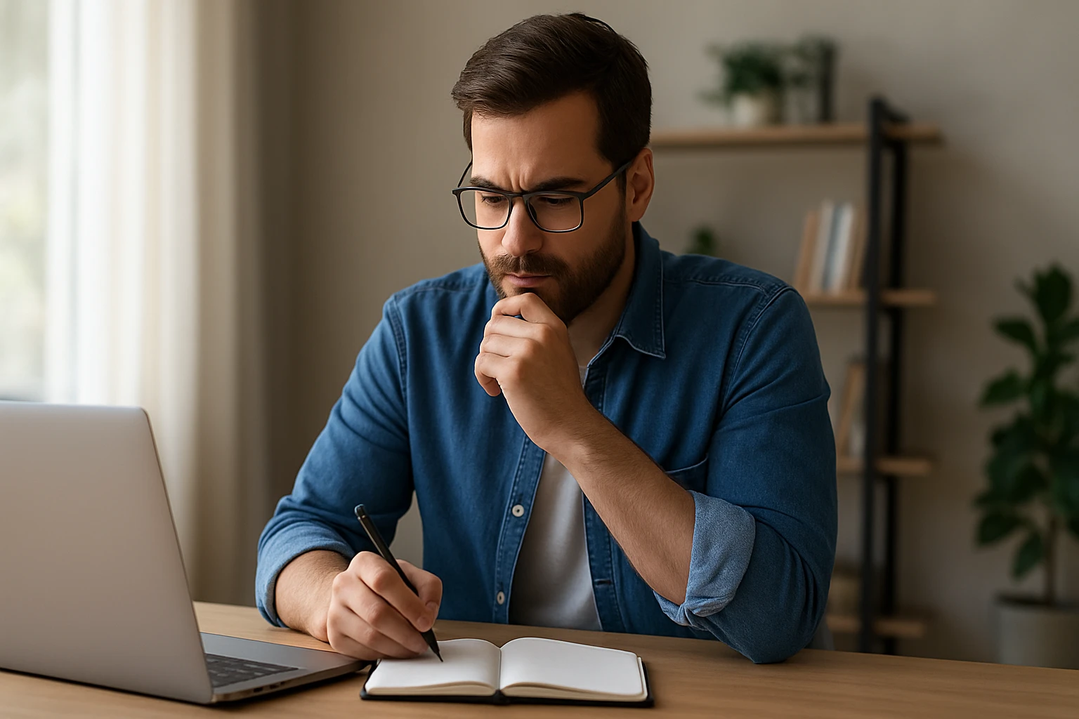 Muž premýšľa a píše poznámky v notebooku pri počítači.