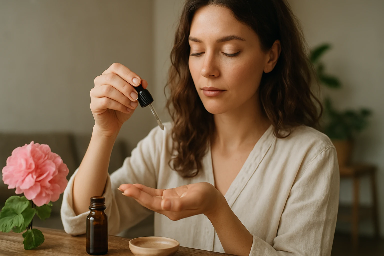 Žena s esenciálnym olejom pálmarózsy v kúpeľni