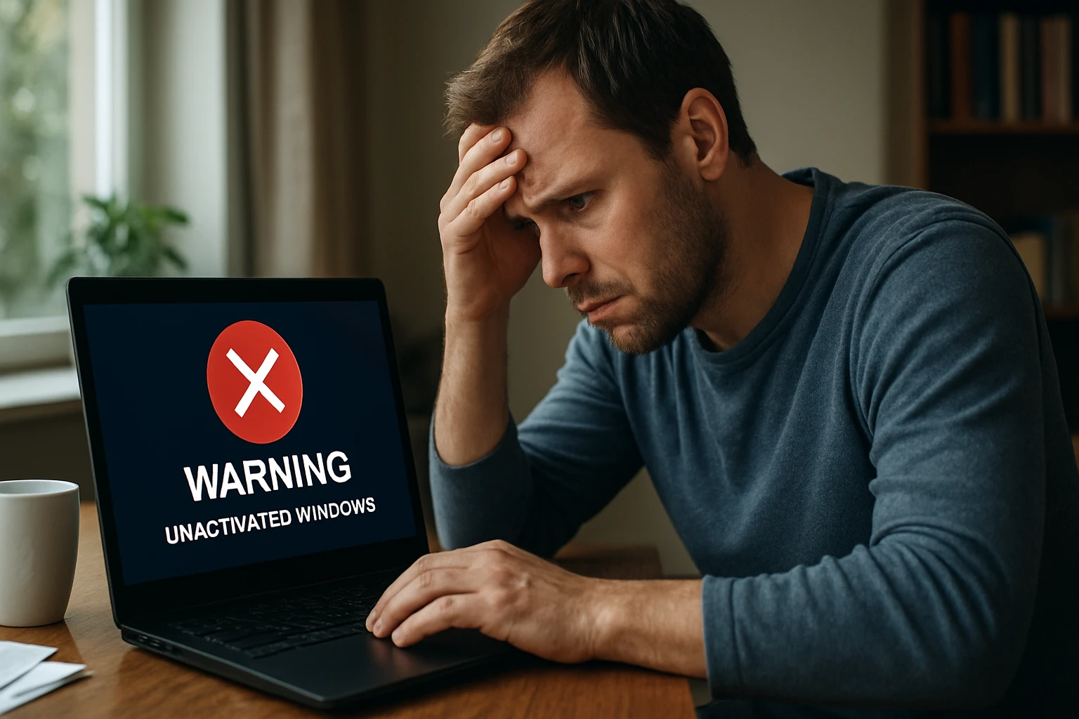 Muža znepokojuje upozornenie o neaktivovanom Windows na notebooku.