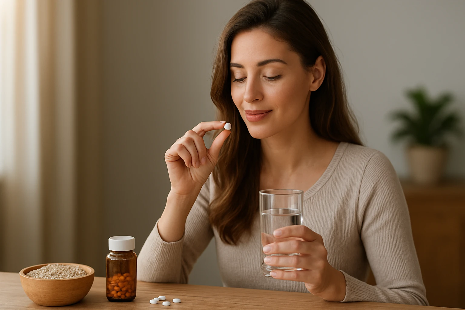 Žena s ovsenými otrubami v tabletkách a pohárom vody