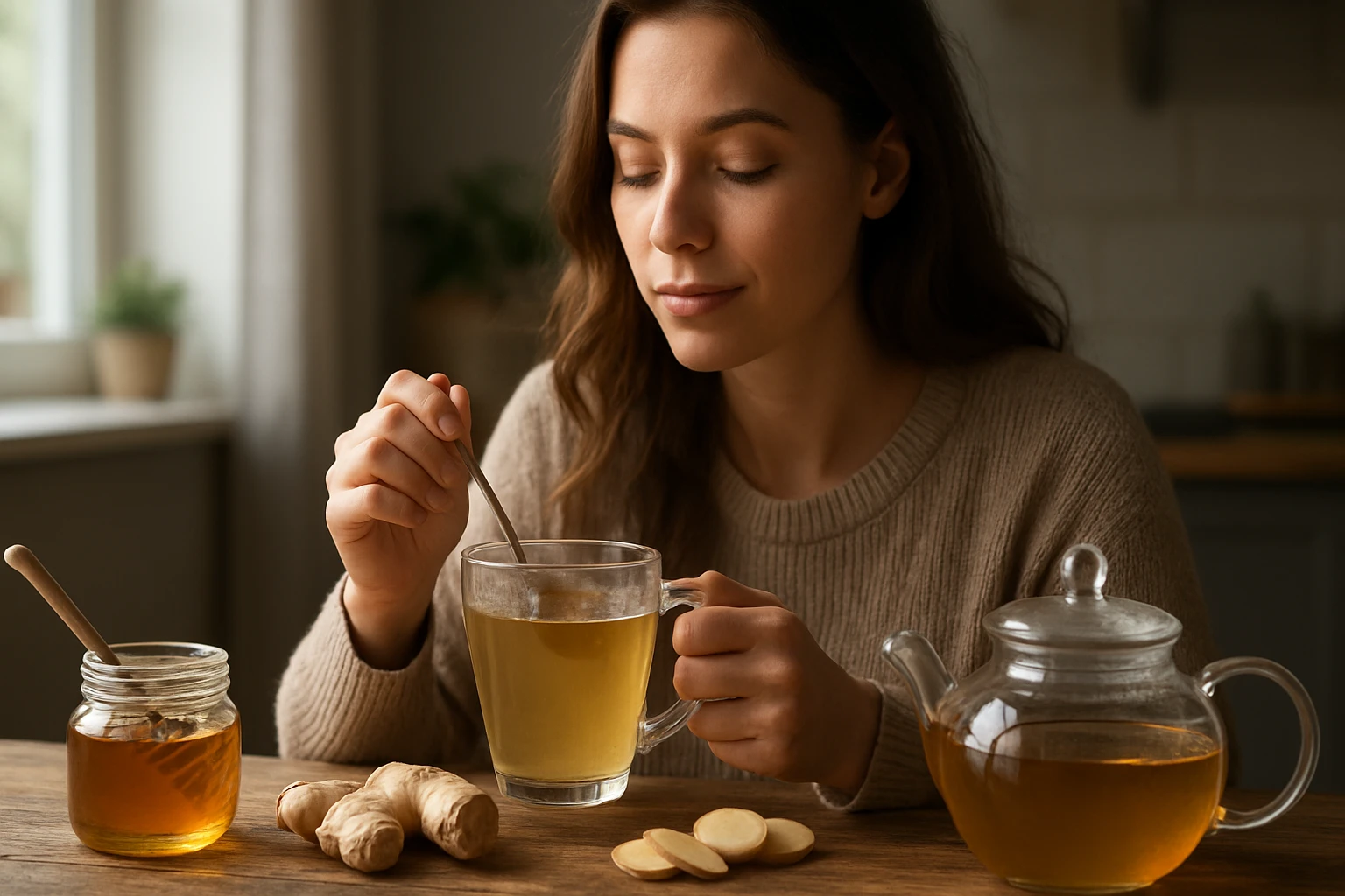 Žena mieša medovo-zázvorový instantný čaj s medom a zázvorom.