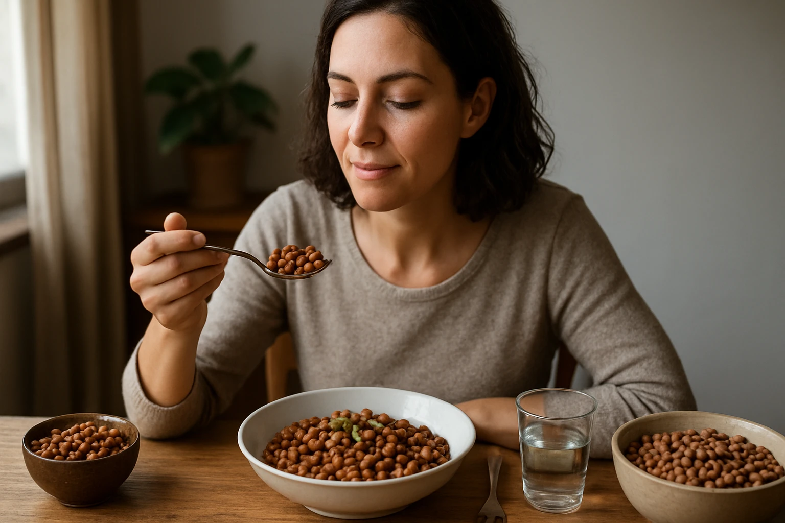 Žena si vychutnáva fazuľu plnú bielkovín a vlákniny.