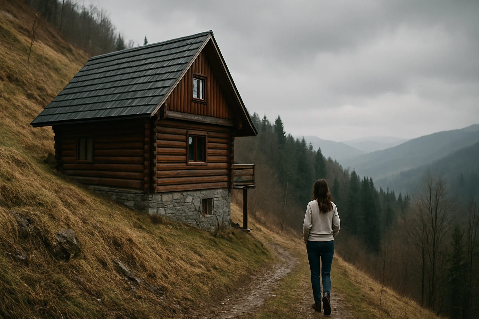 Žena kráča k chate na svahu v prírode