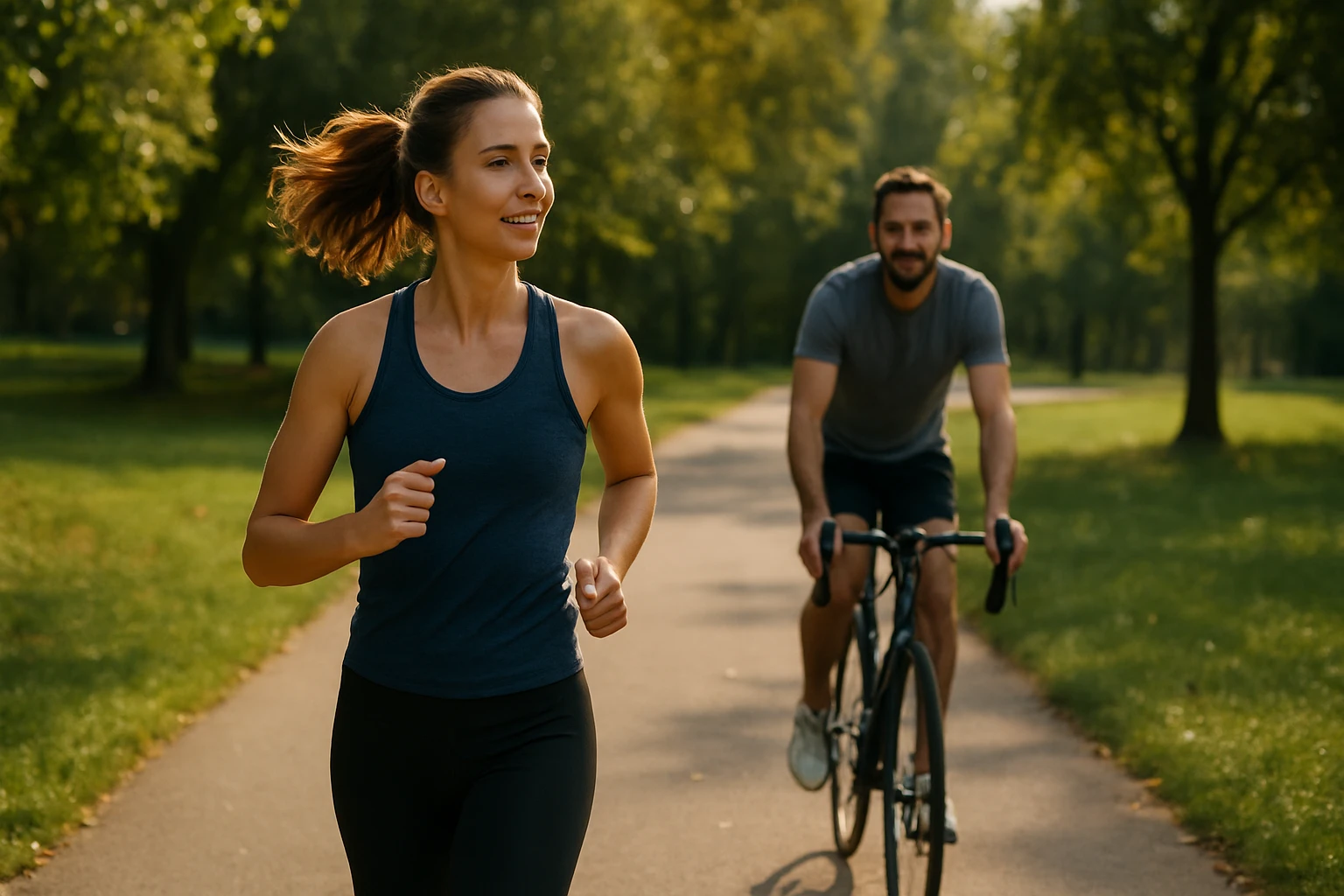Mladá žena behajúca v parku s mužom na bicykli v pozadí.