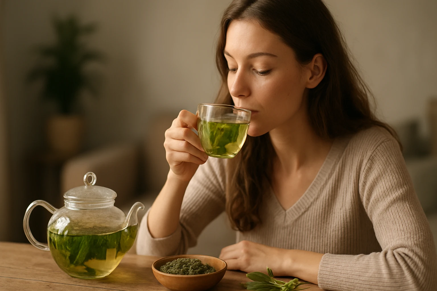 Žena pije čaj z cisty, ktorý podporuje zdravie a imunitu.
