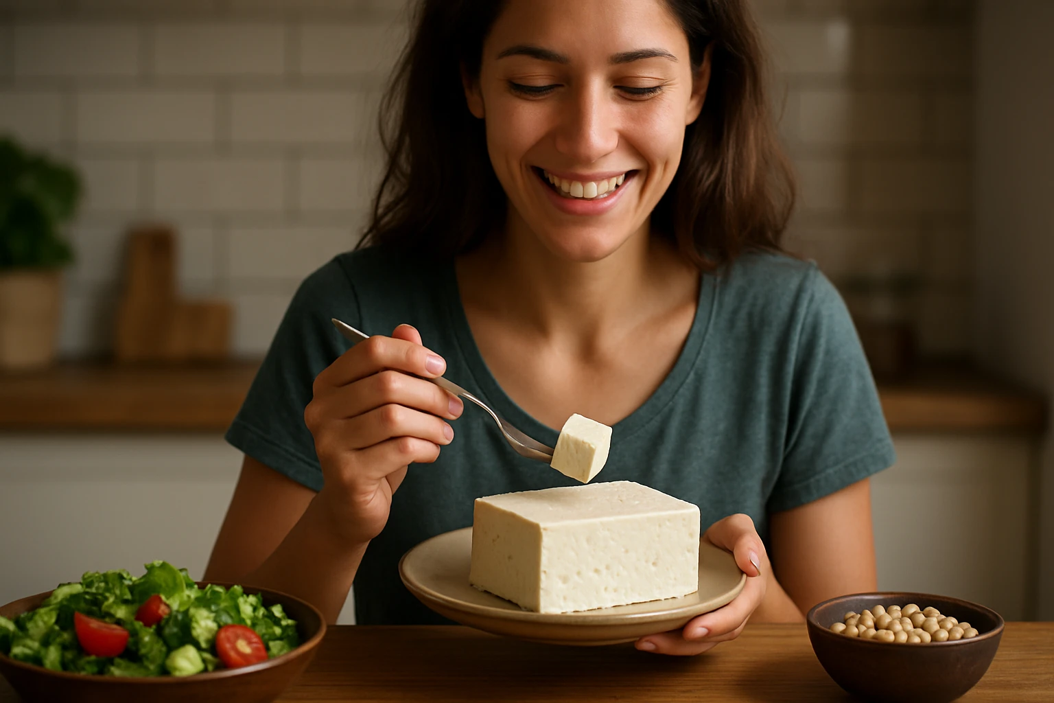 Žena s úsmevom ochutnáva tofu na tanieri so zeleninou