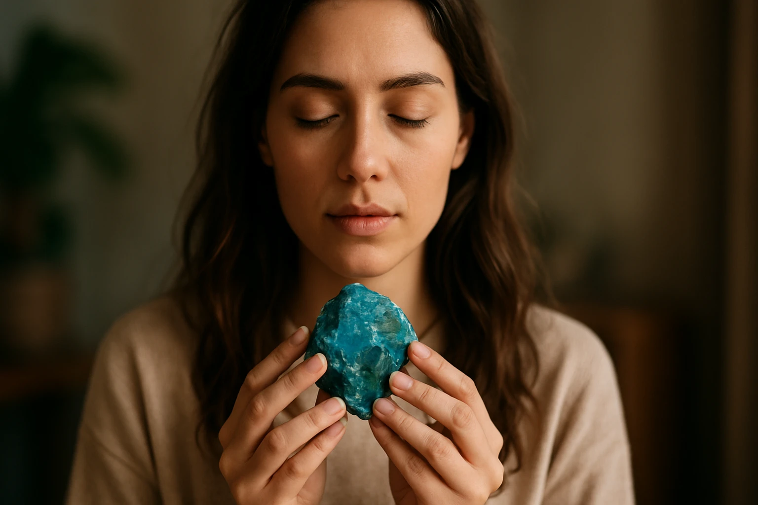 Žena drži apatitu, kameň symbolizujúci kreativitu a uzdravenie emócií.