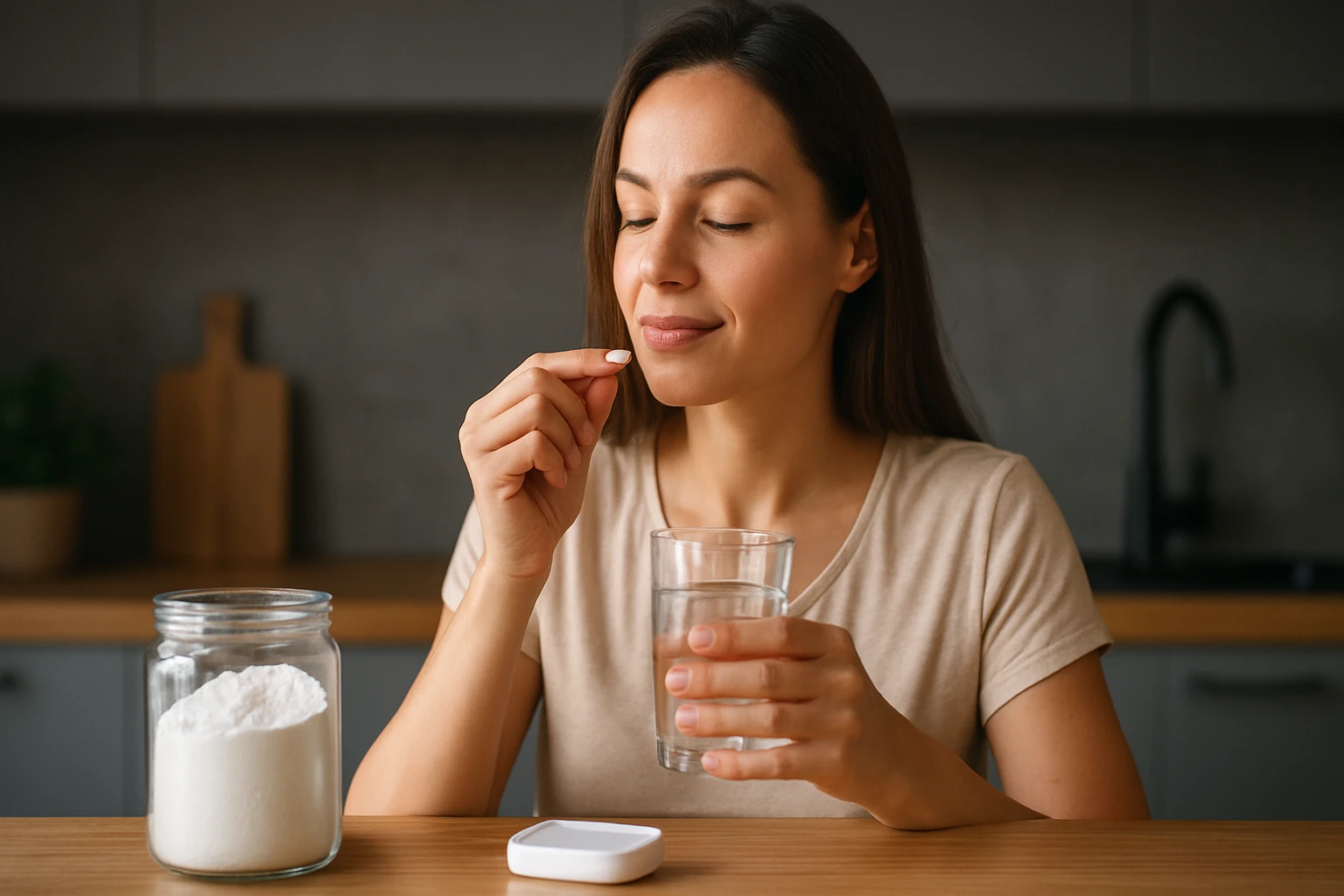 Žena užívajúca hydroxid horečnatý s pohárom vody
