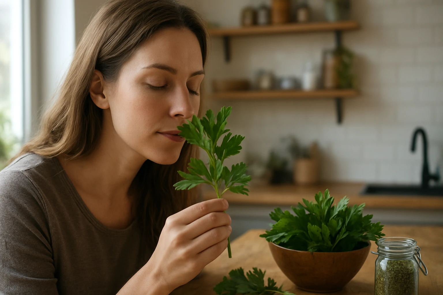 Žena nasáva vôňu čerstvého ligurčeka v kuchyni