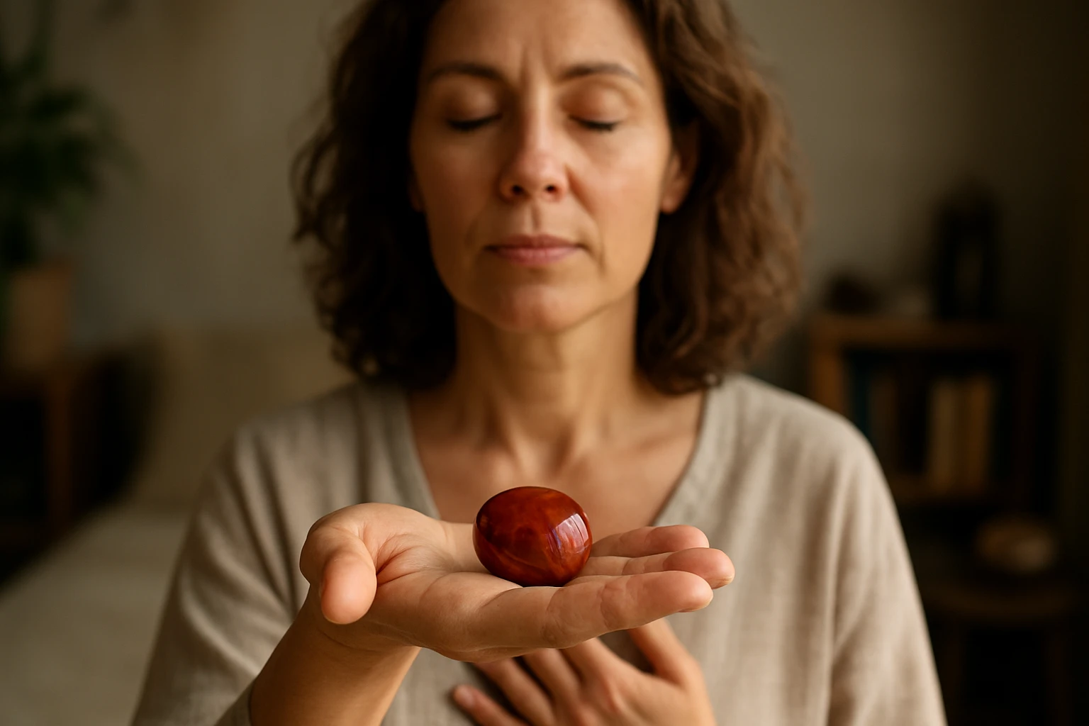 Žena s jaspisom v ruke, meditácia a duchovný rast.