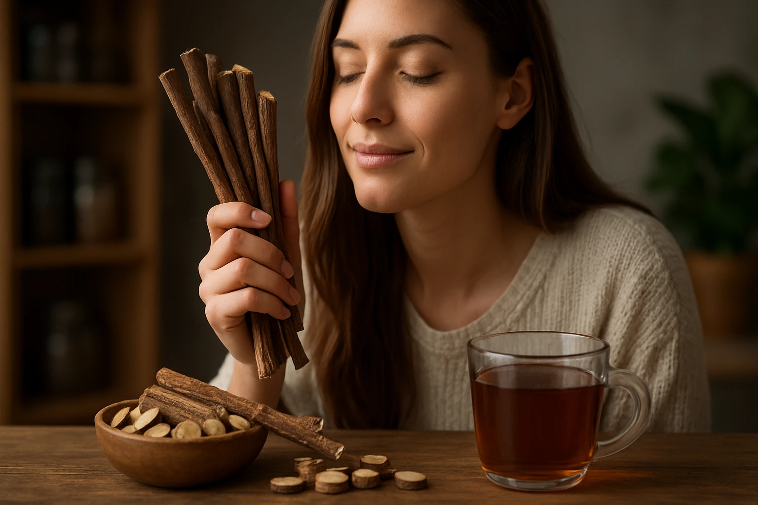 Žena s tyčinkami sladkého drievka a bylinkovým čajom