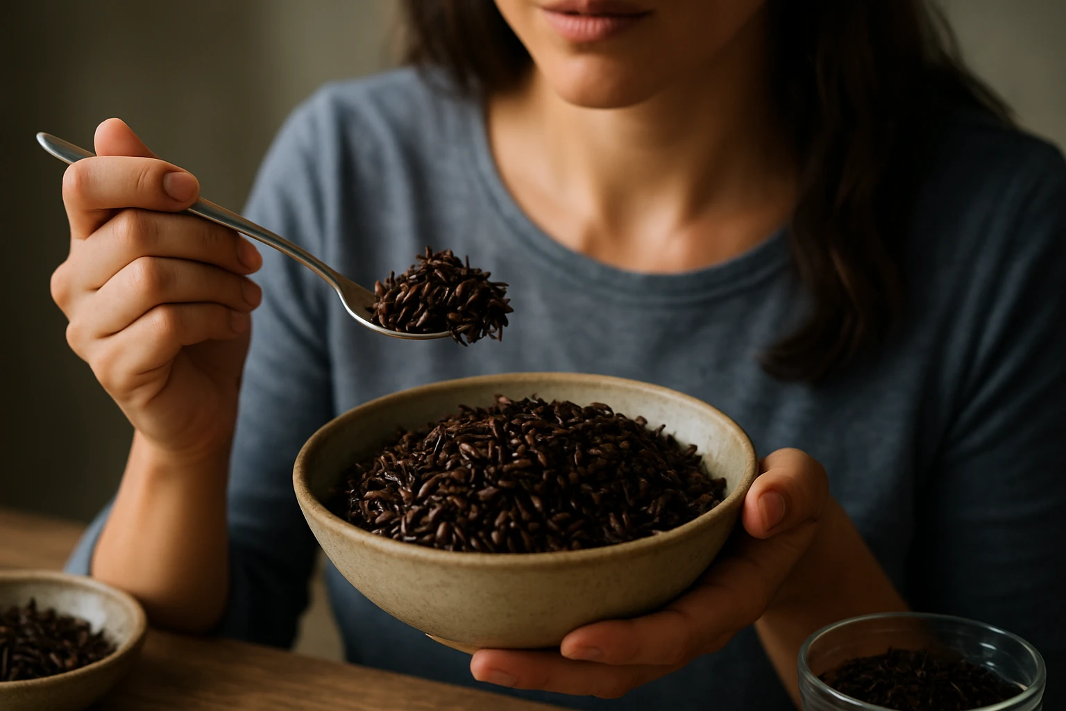 Žena s lyžicou divokej ryže v blízkosti misky s ryžou.