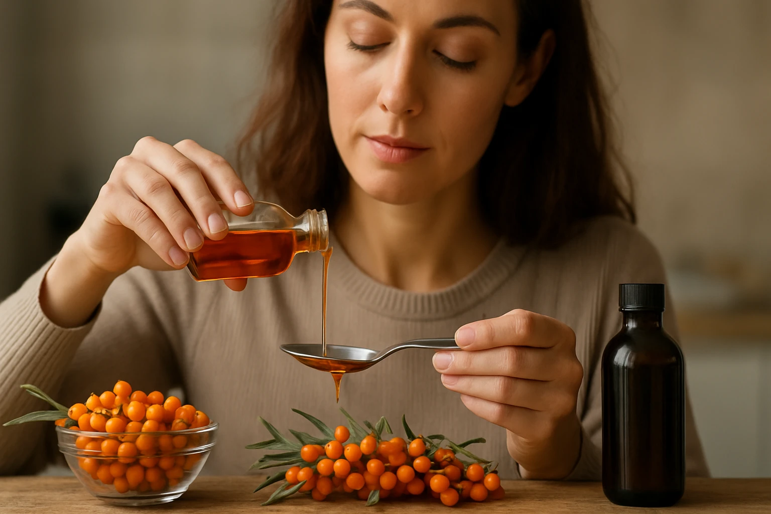 Žena nalievajúca rakytníkový olej do lyžičky s ovocím na stole.