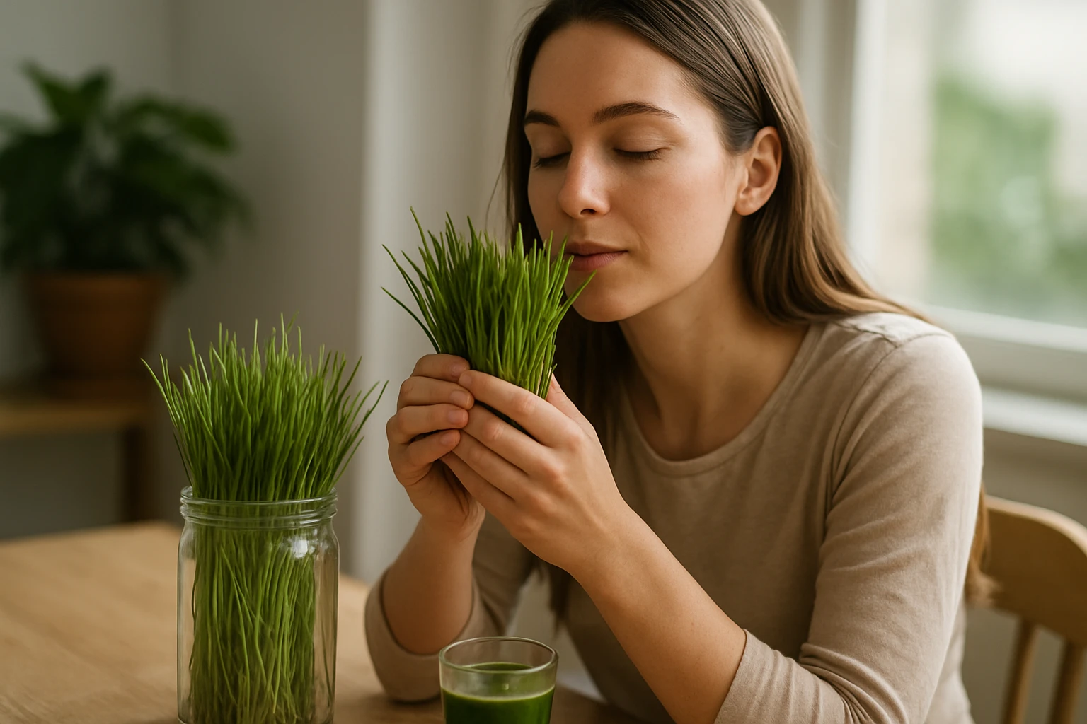 Žena si užíva prirodzené zdravotné výhody trávy s nápojom.