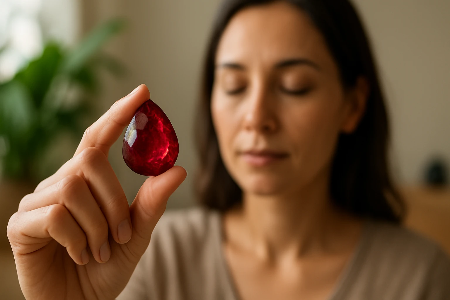 Žena so rubelitom v ruke, vyžarujúca duševnú harmóniu.