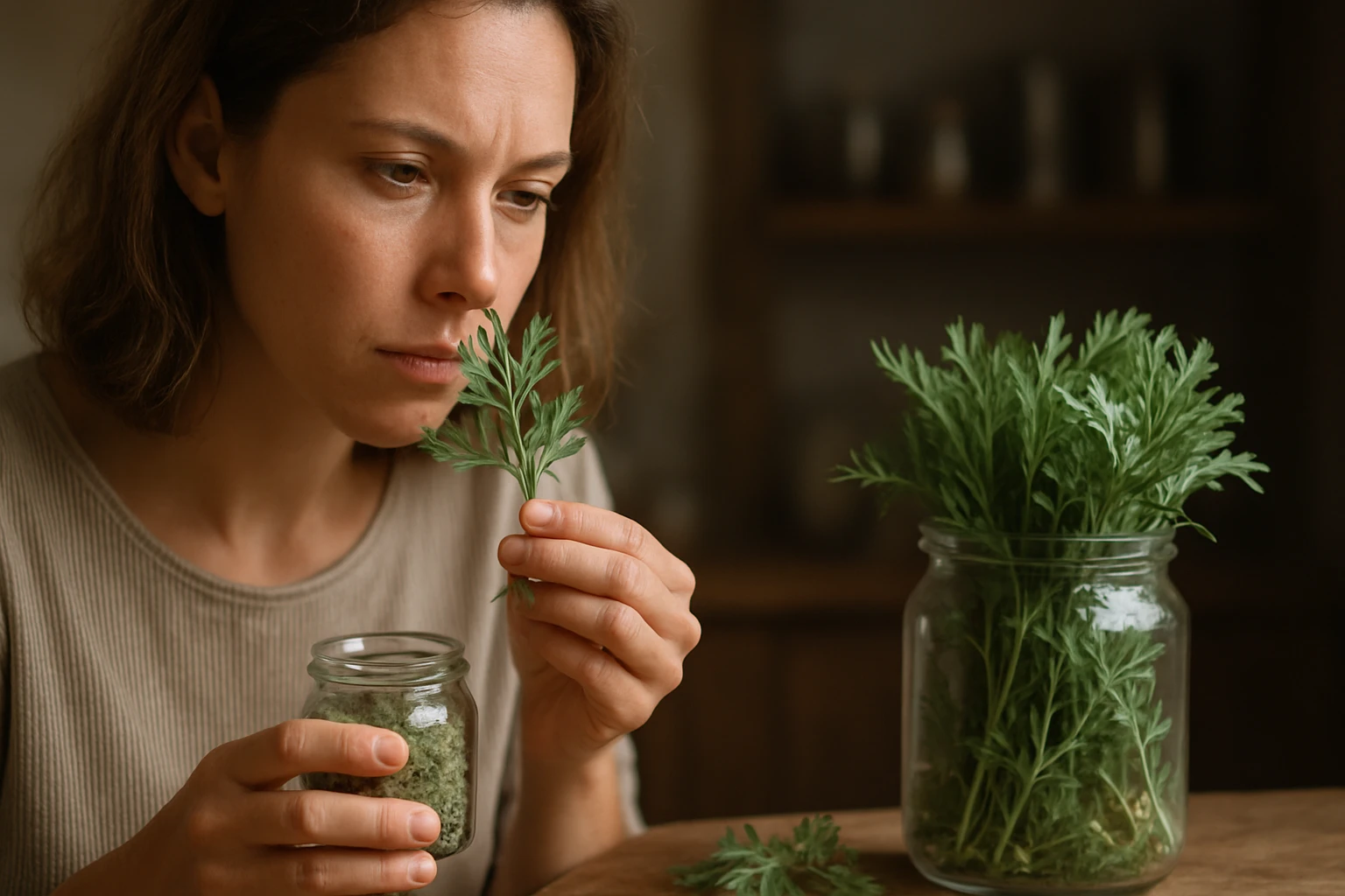 Žena skúma čerstvú sladkú palinu so sušenými bylinami