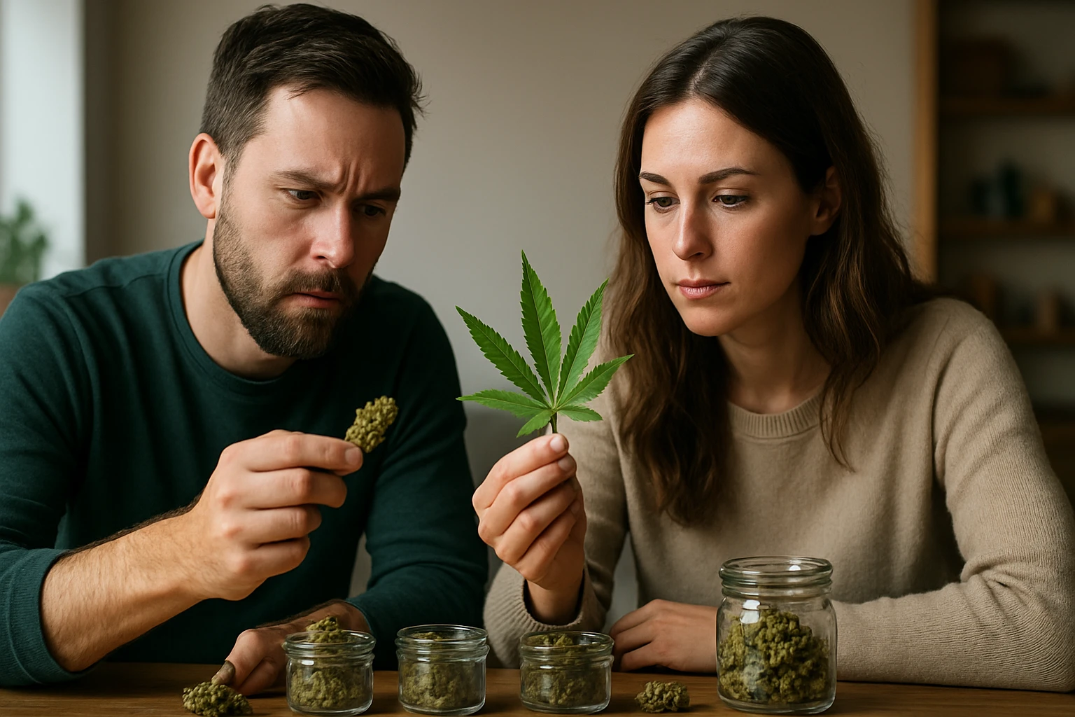 Dvojica ľudí skúma marihuanové odrody a listy, porovnávajú účinky.