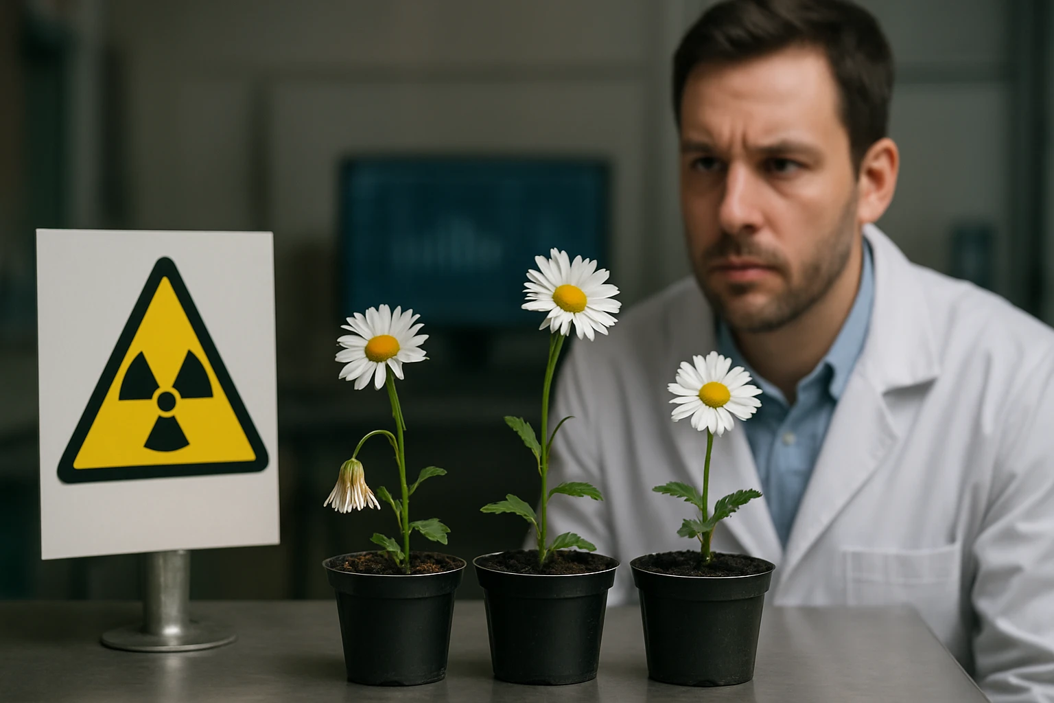Vedec skúma vplyv gama žiarenia na rast sedmokrások v laboratóriu.