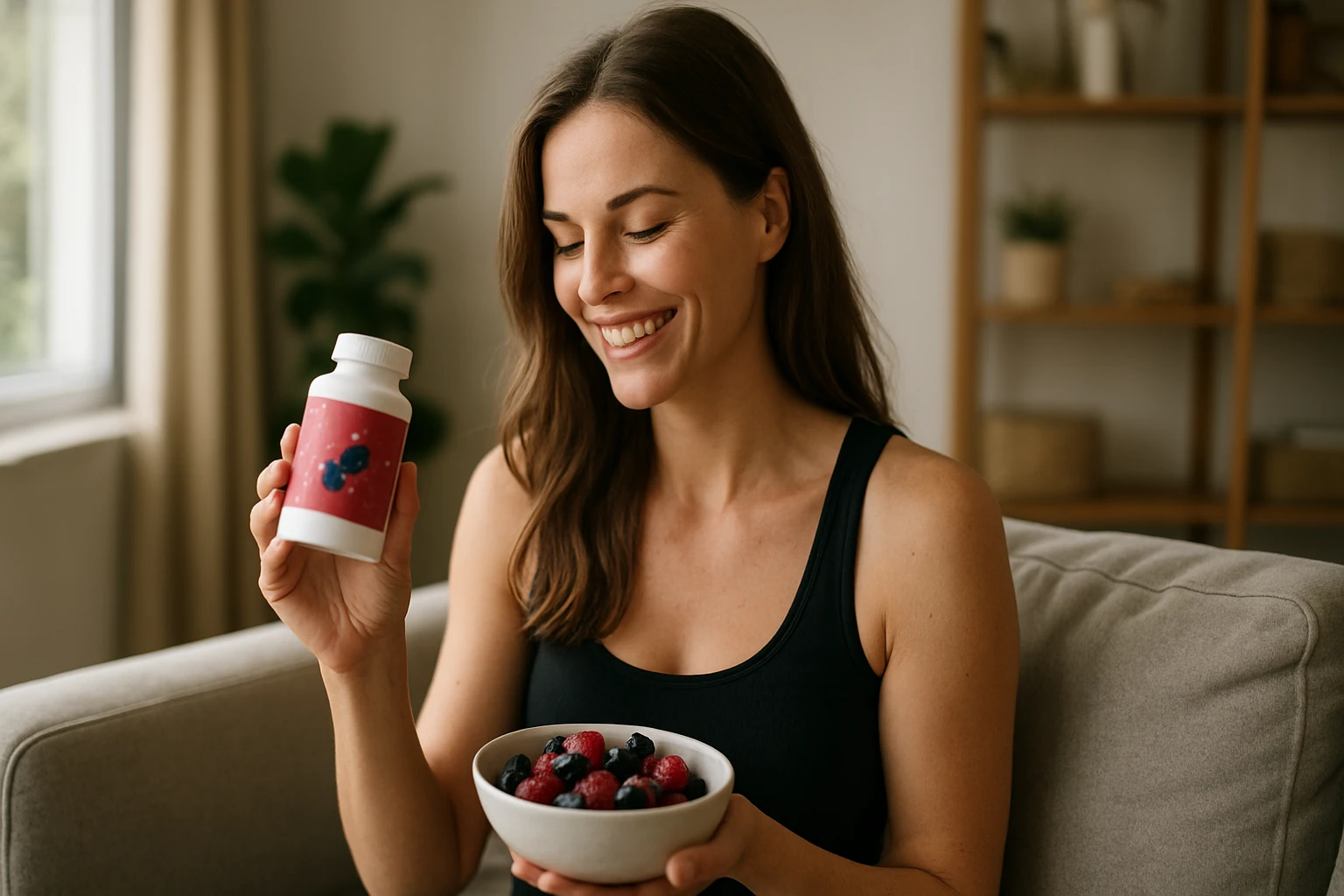 Žena s prírodným doplnkom Berry Slim a miskou bobúľ