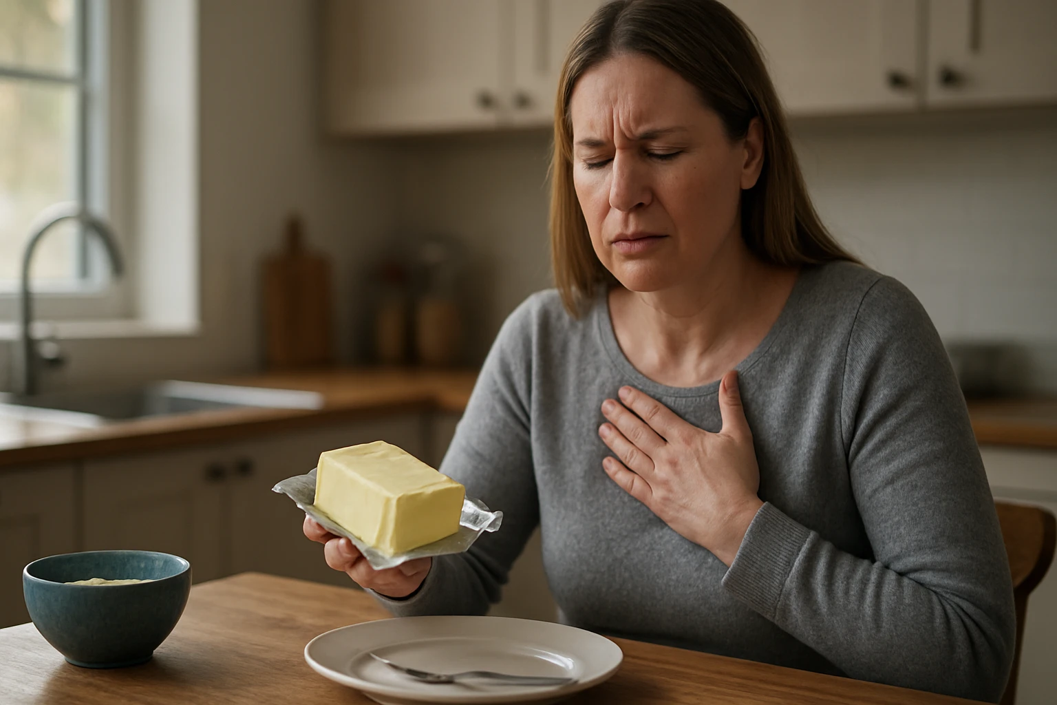 Žena drží maslo a vyjadruje obavy o svoje zdravie.