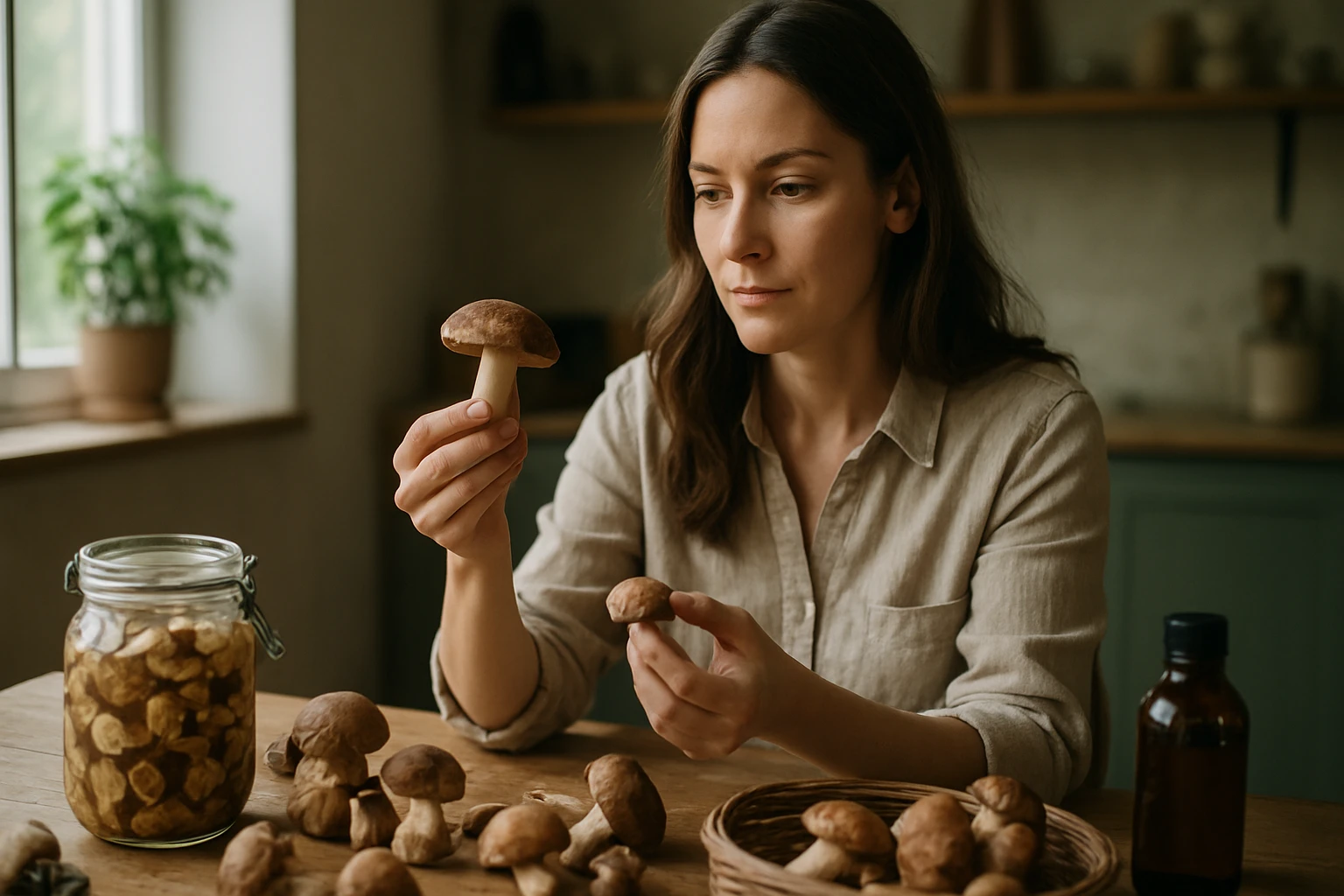 Žena skúma čerstvé huby na stole s fľašou a sklenenou nádobou.