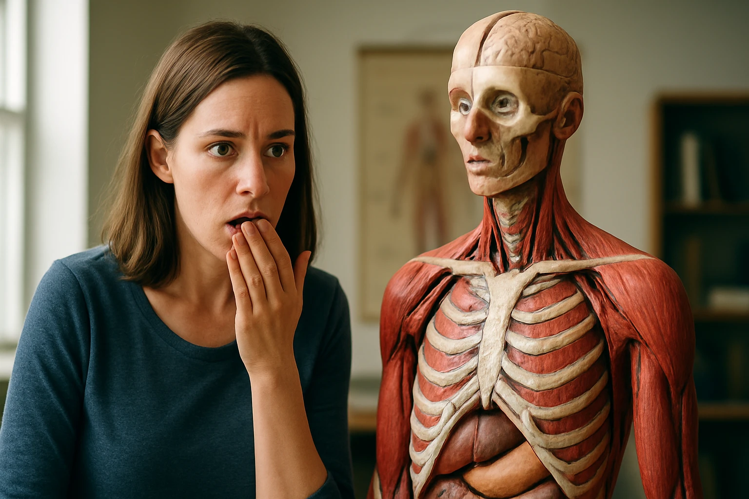 Žena prekvapená pohľadom na anatomický model ľudského tela.