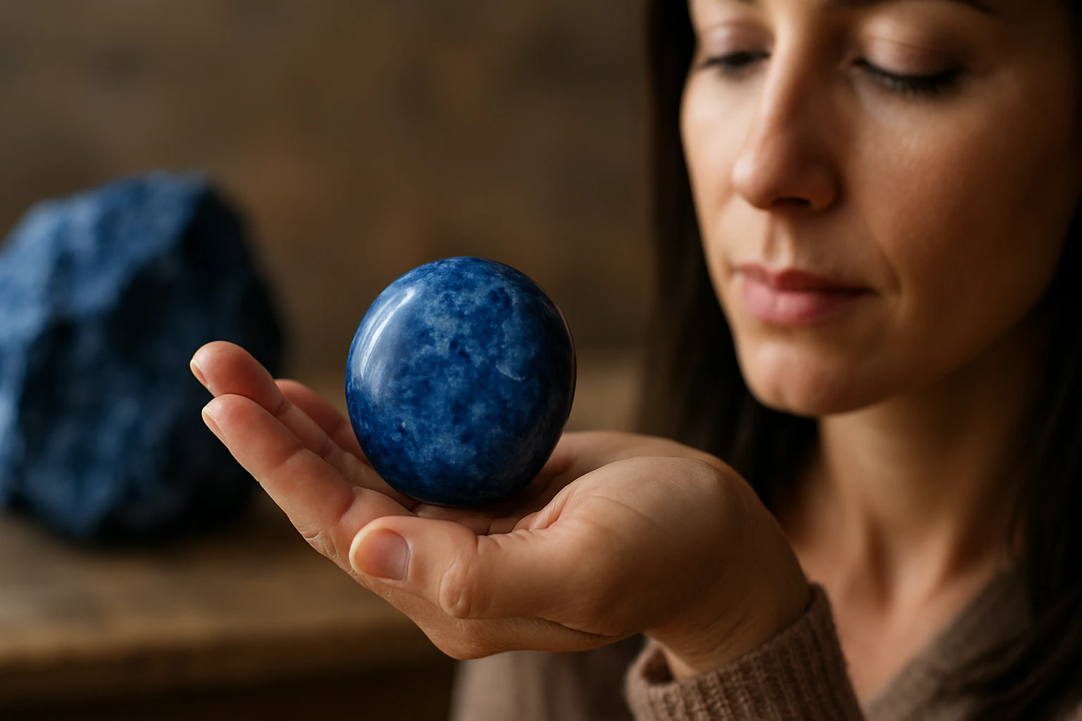 Žena drží modrý dumortierit, minerál s upokojujúcou energiou.