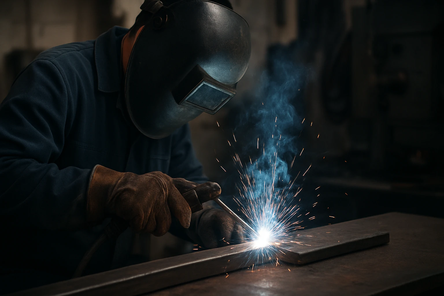 Húzalelektródová zváračka v akcii s jasným zábleskom svetla a dymom.