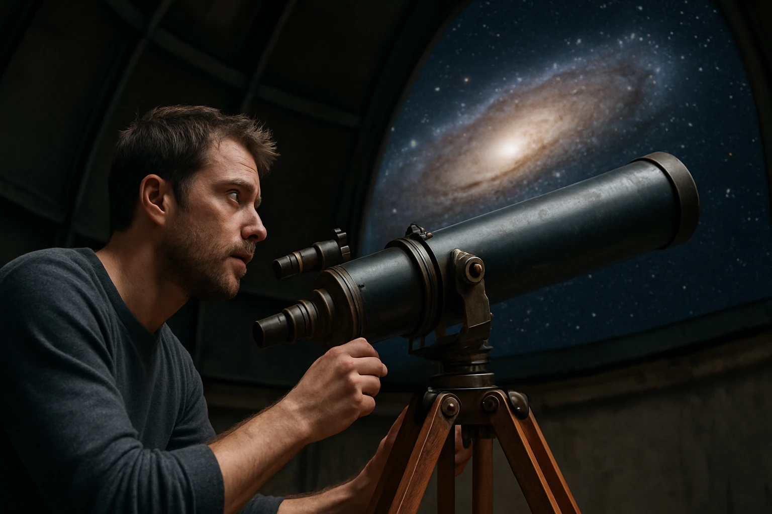 Muž sleduje vzdialenú galaxiu cez Newtonov teleskop.