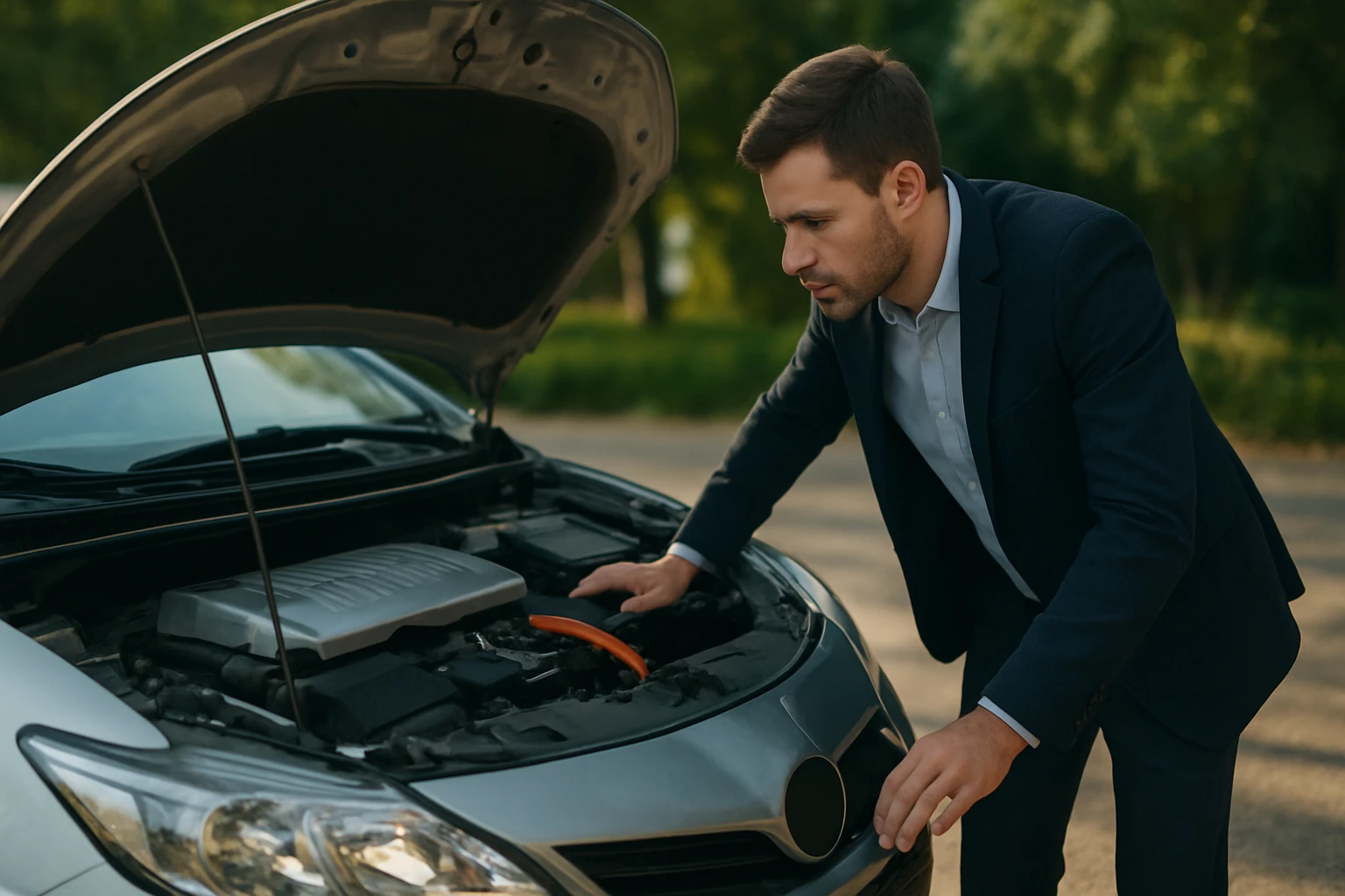 Muž skúma motor hybridného auta s otvoreným kapotom.