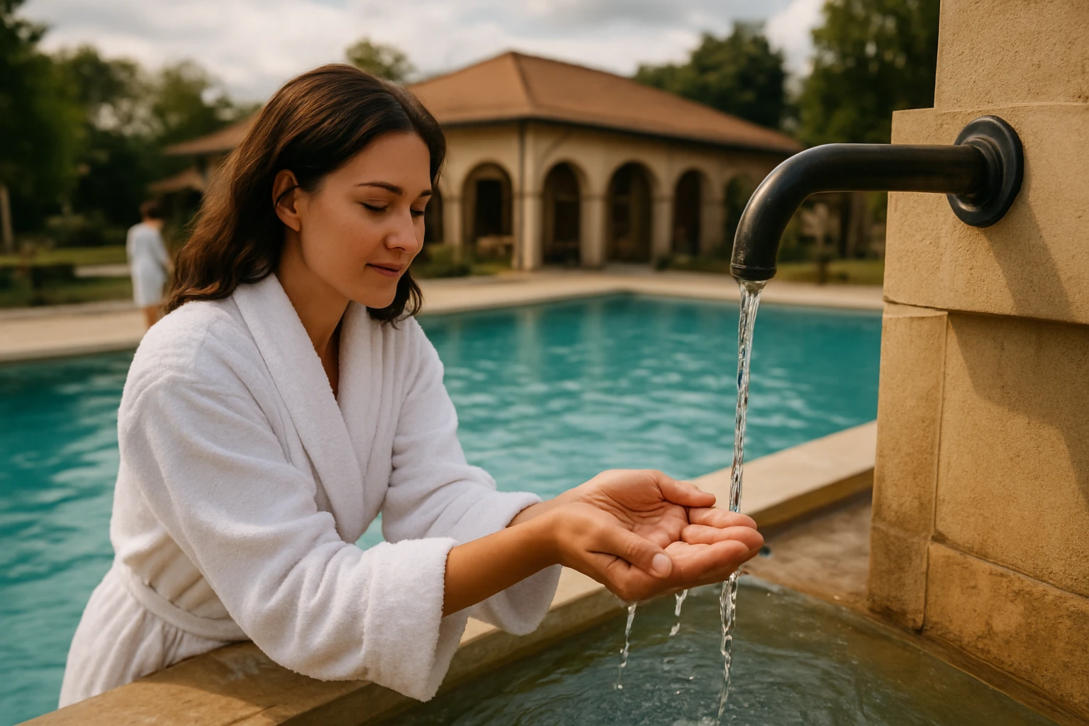 Žena si užíva liečivú vodu v Cserkeszőlő.