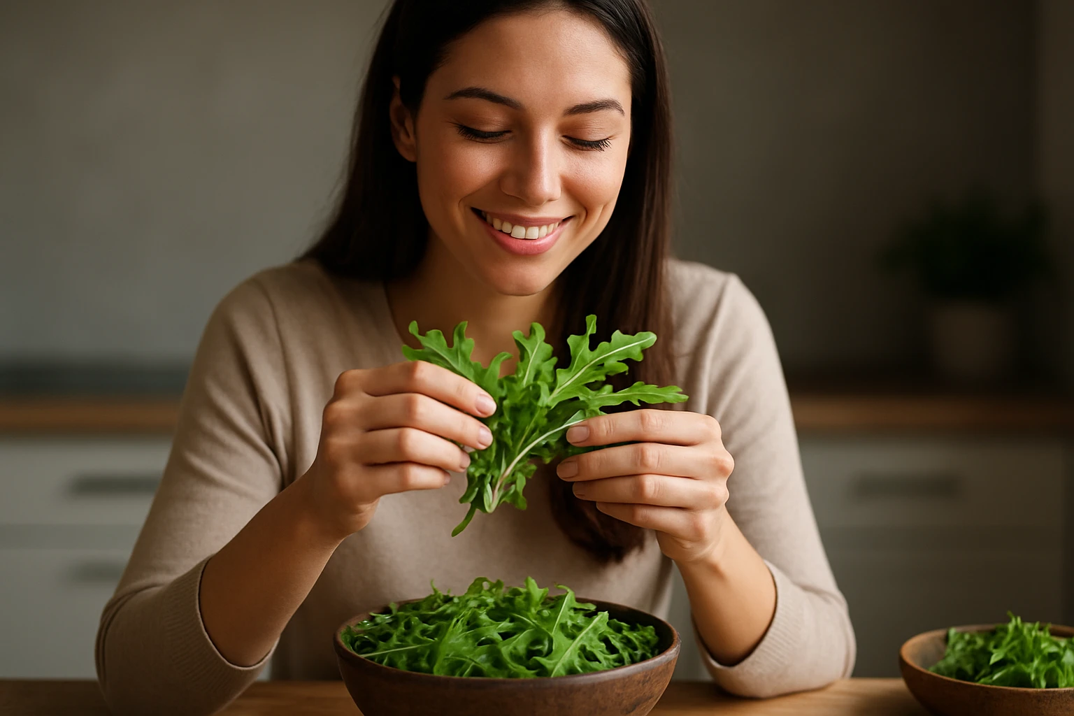 Žena s rukolou v kuchyni, zdravý životný štýl