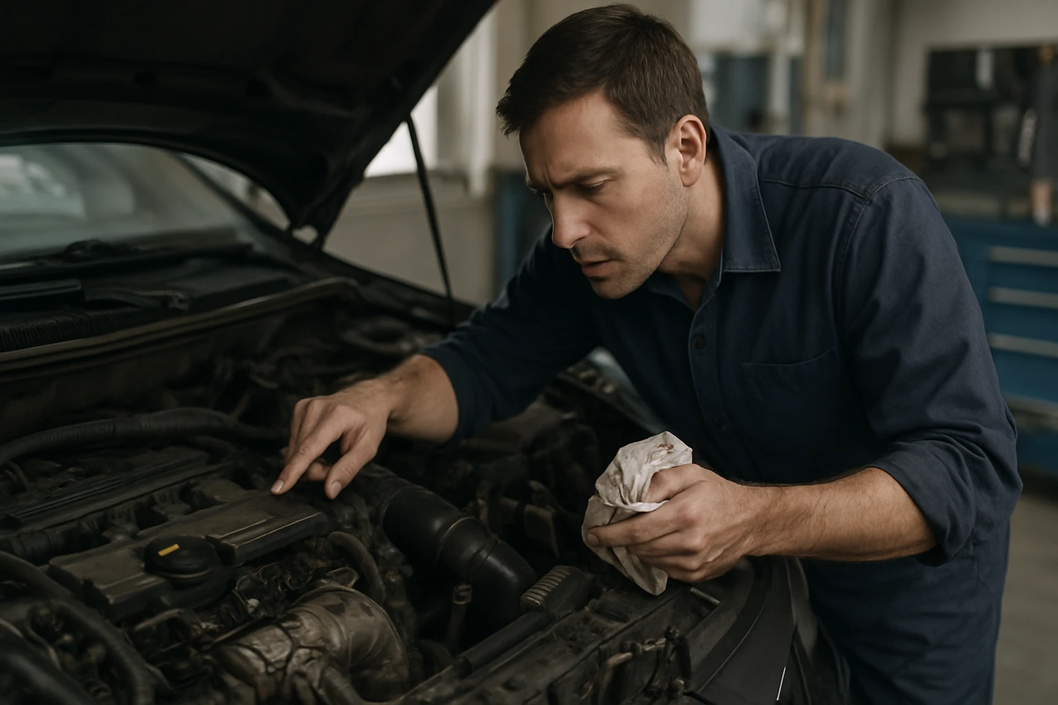 Muž kontroluje benzínový motor auta s dôrazom na údržbu.