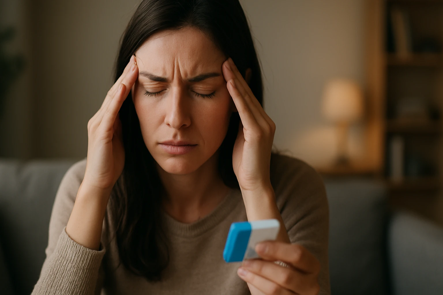Žena s bolesťami hlavy a liekom v ruke