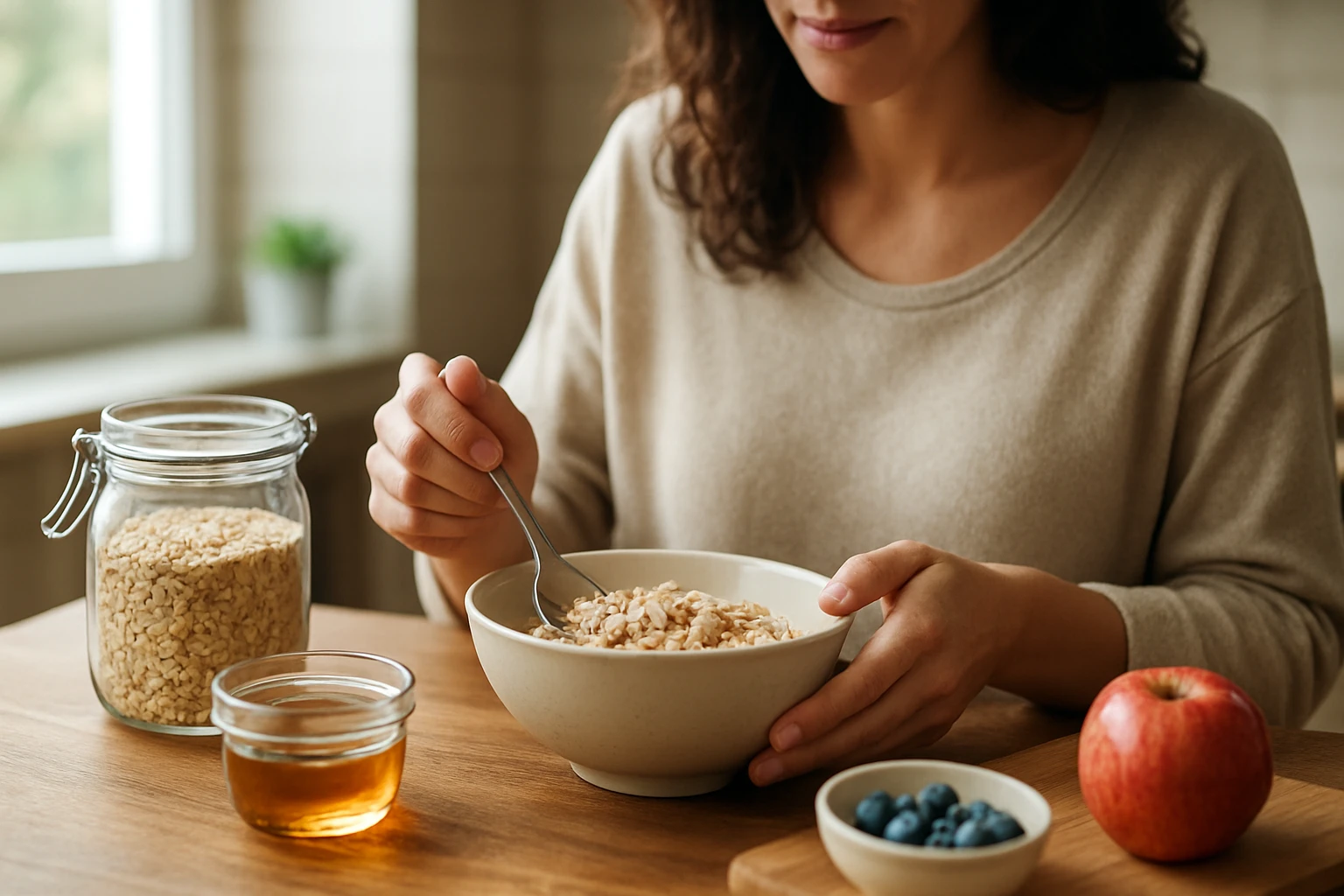 Žena si vychutnáva ovsené vločky s ovocím a medom na raňajky.