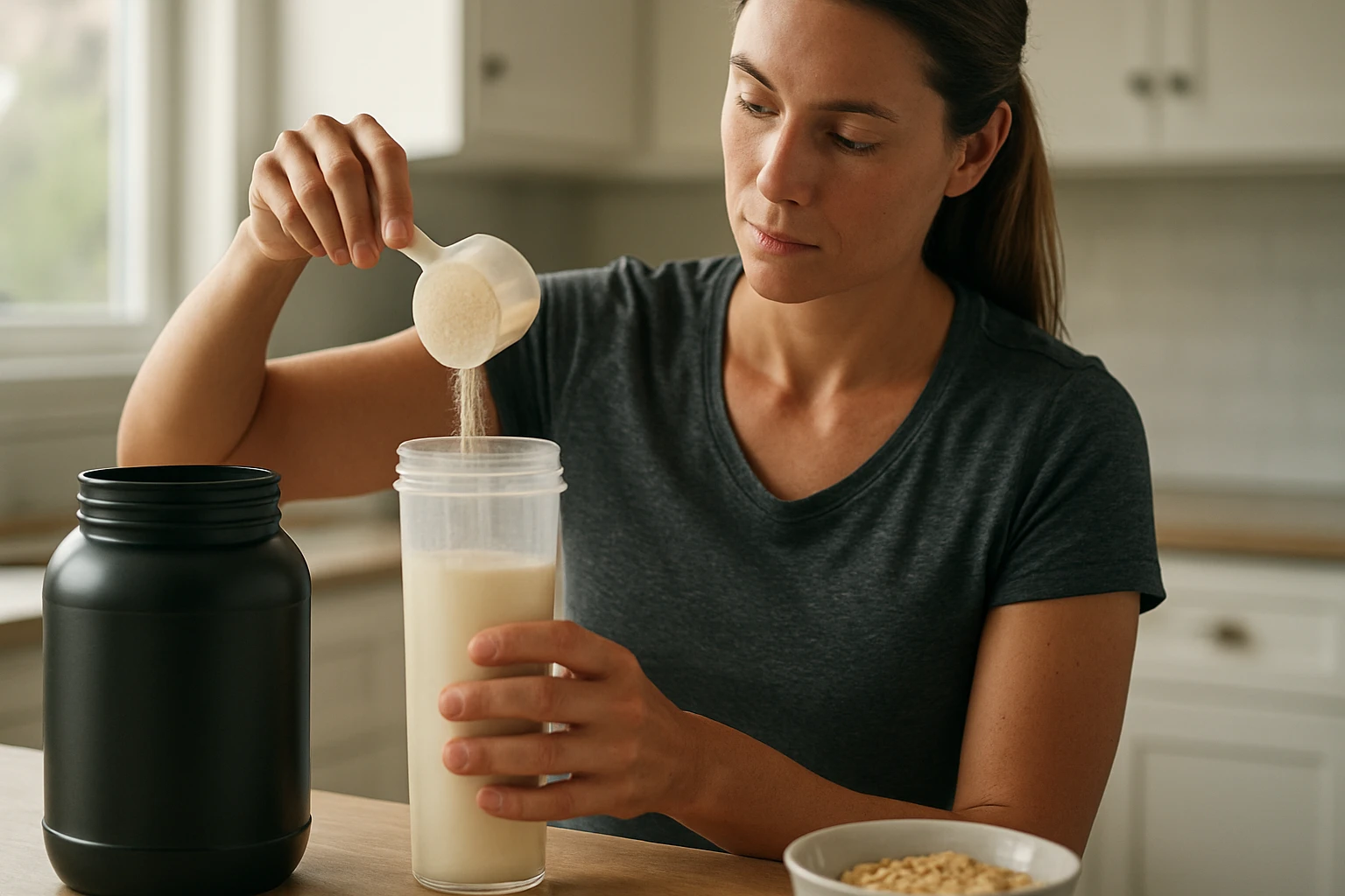 Žena pripravuje sladký srvátkový prášok v kuchyni
