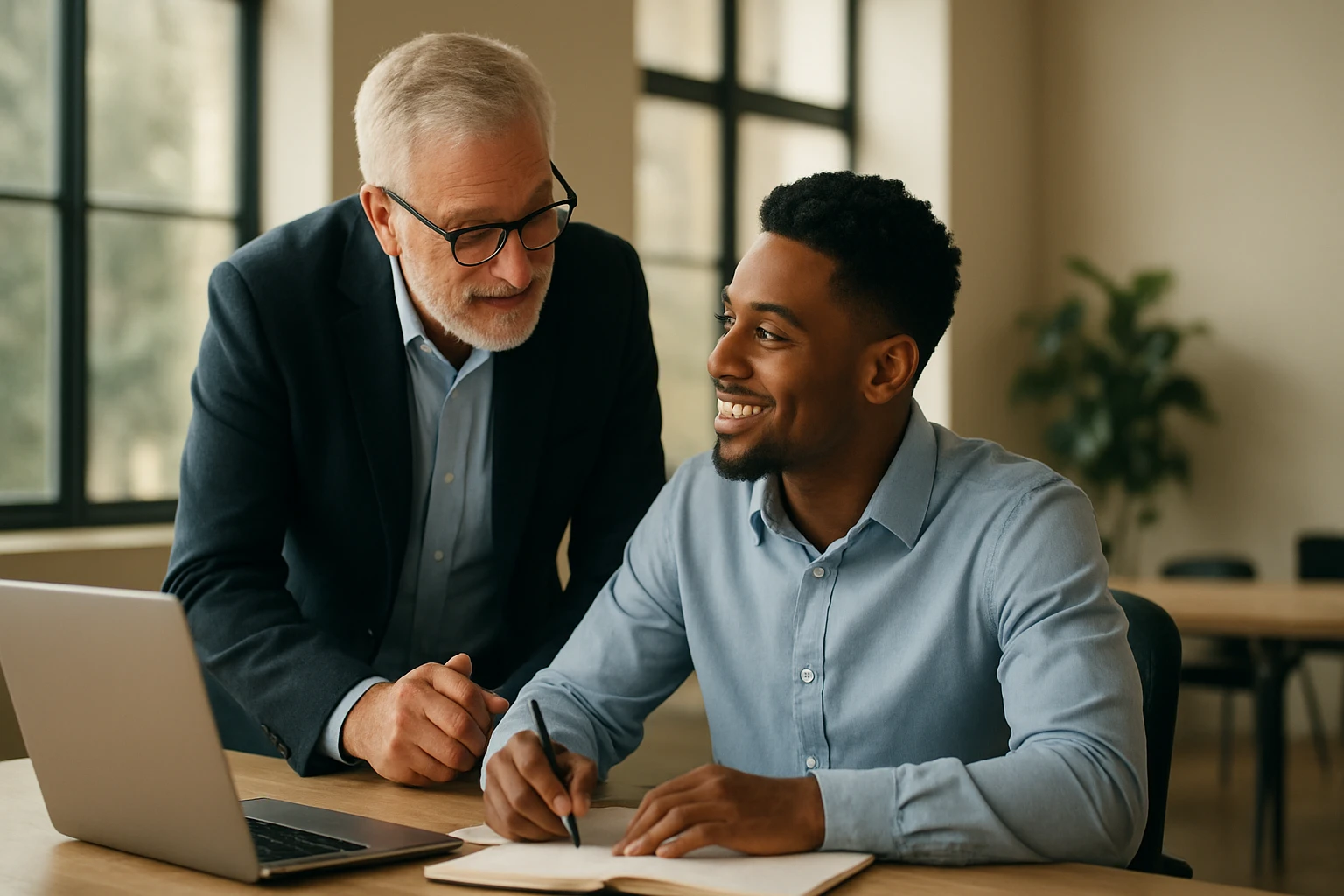 Mentoring session between older and younger professional at a desk