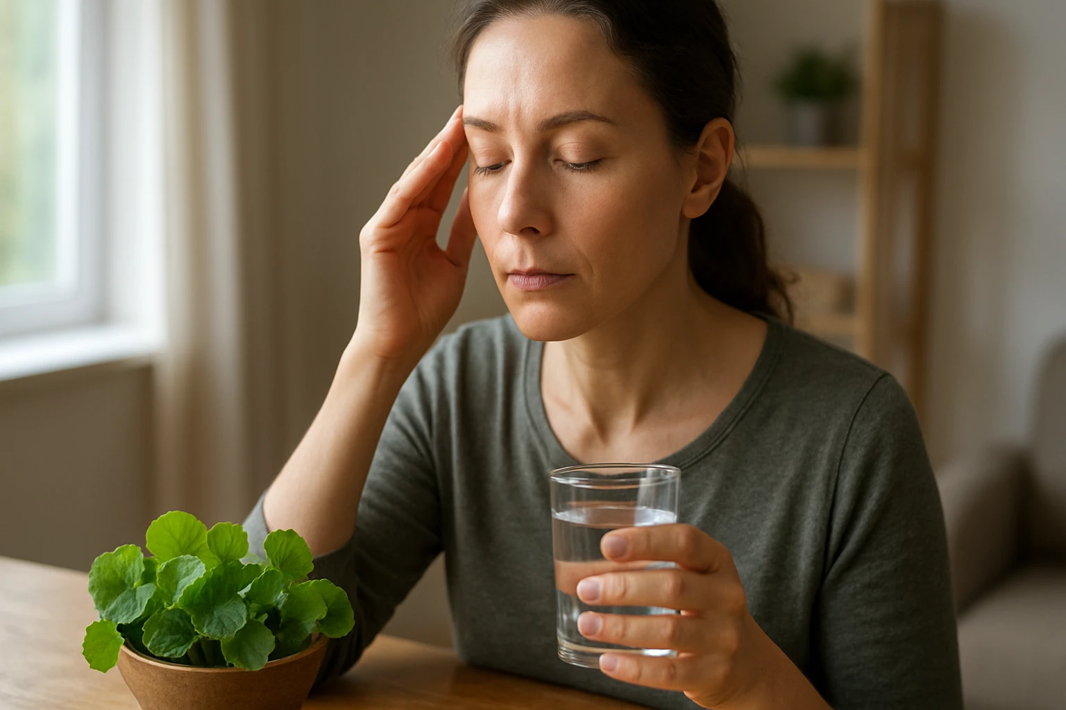 Žena s pohárom vody a rastlinou Gotu Kola podporujúca mentálne zdravie.