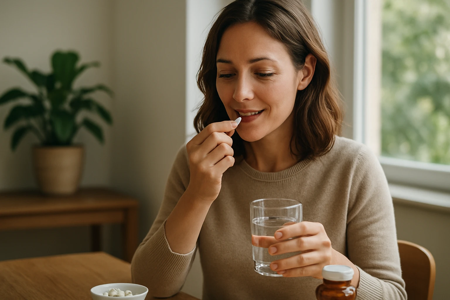 Žena berie vitamíny s vodou v domácnosti so zelenou rastlinou