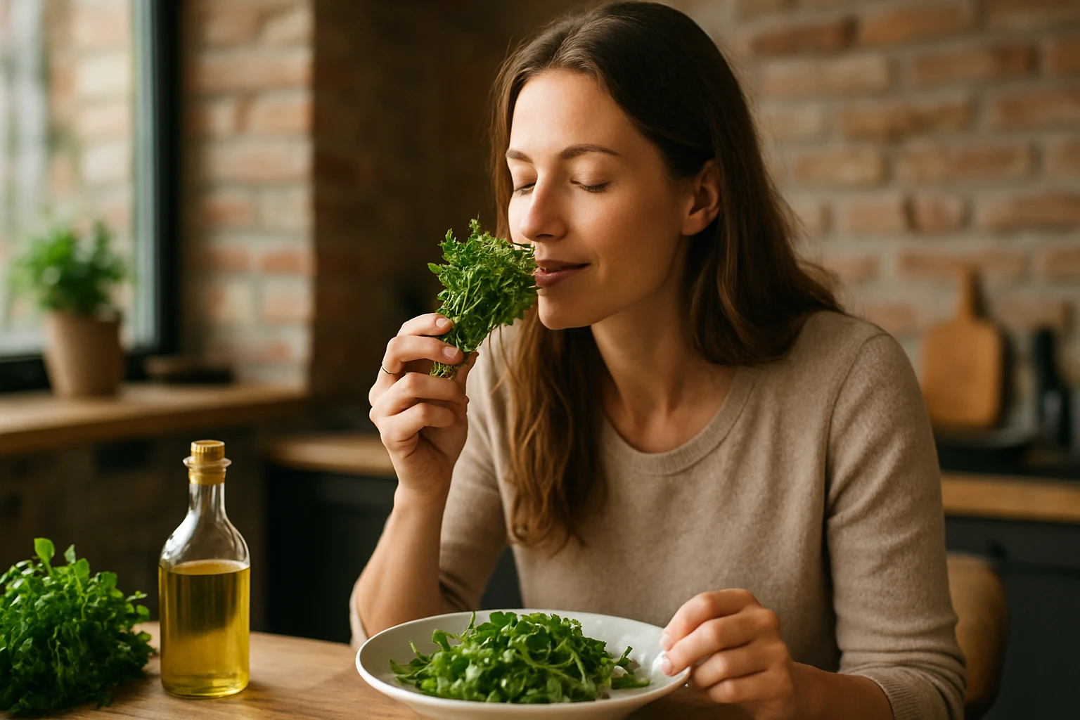 Žena s bylinkou rezedou, ochutnáva čerstvé zelené listy.