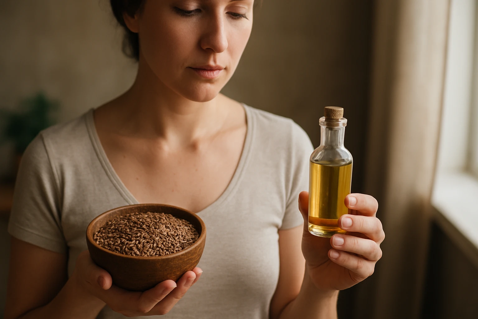 Žena s ľanovými semenami a ľanovým olejom, symbol zdravia pŕs.