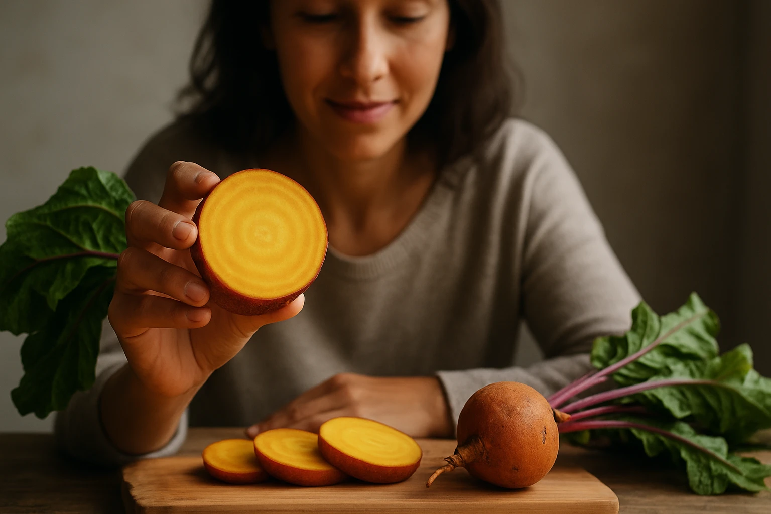 Žltá cvikla s bohatou farbou a listami na stoloch.