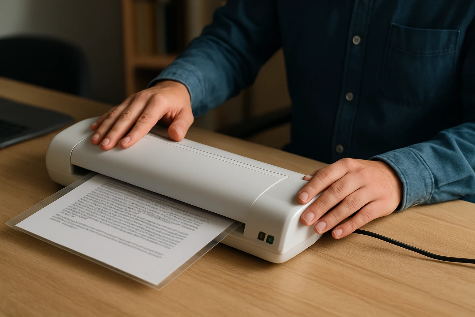 Osoba laminuje dokumenty pomocou laminovačky na drevenom stole.
