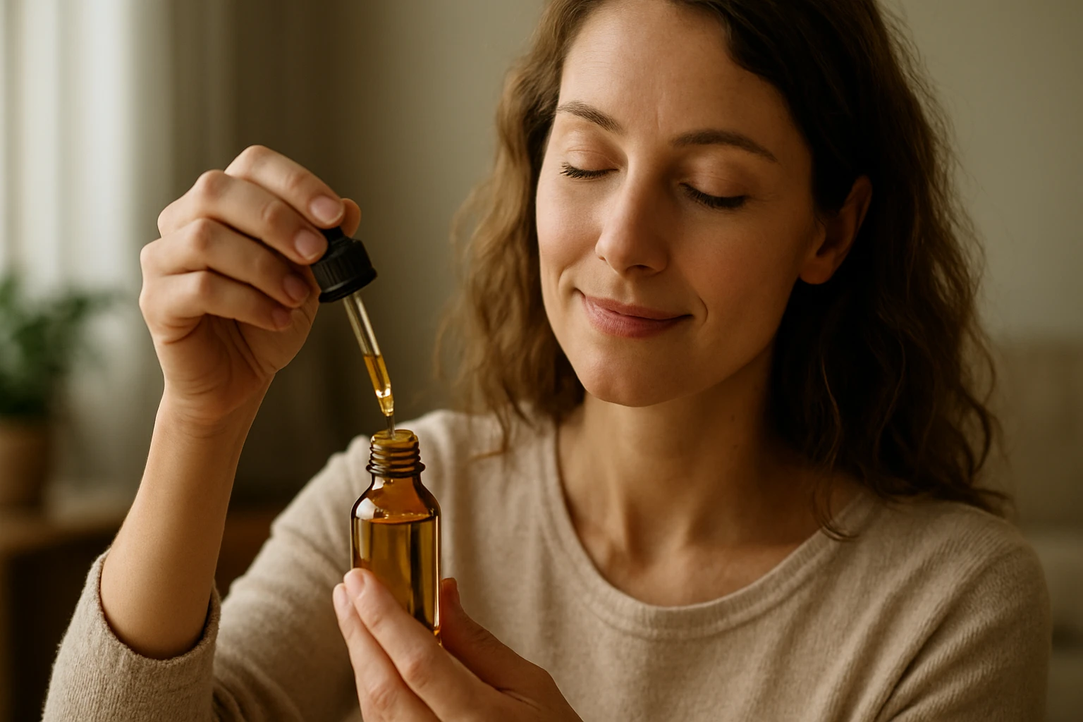 Žena používa koloidné zlato z pipety do liekovky.