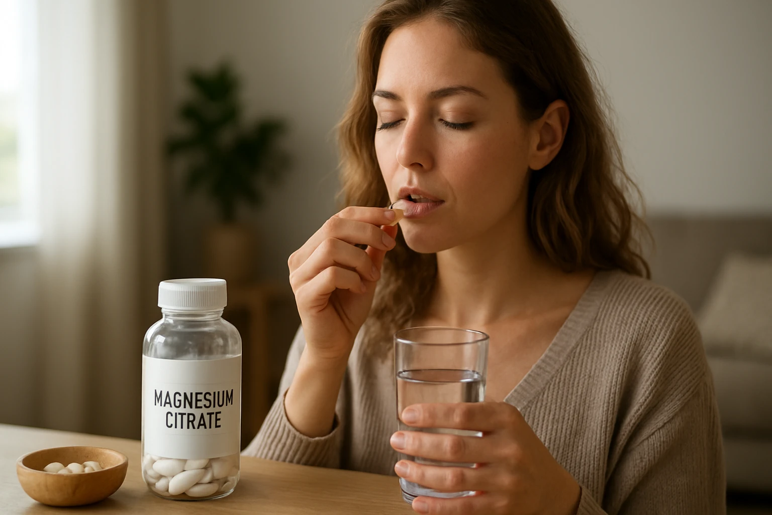 Žena užívajúca magnézium-citrát s pohárom vody
