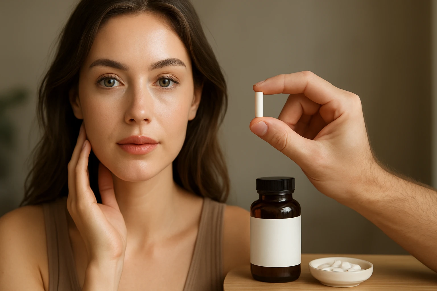 Žena s pleťou v bezchybnom stave držiaca nikotínamidovú tabletu.
