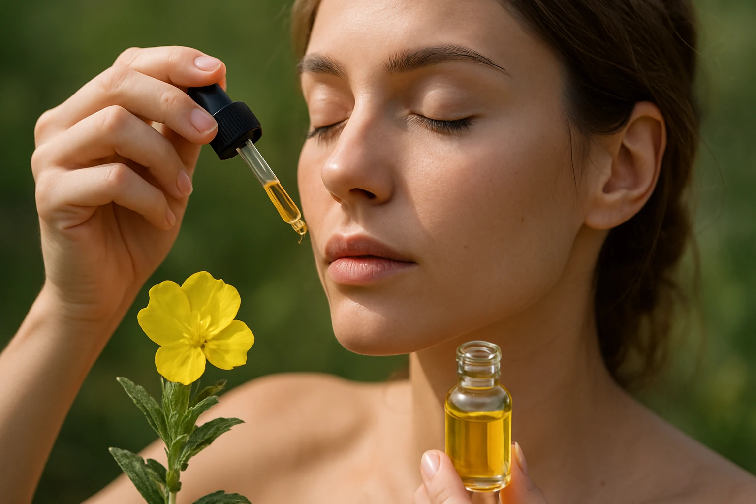 Žena používajúca pupalkový olej na pleť s kvetom pupalky v pozadí.