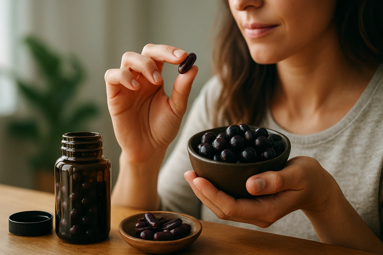 Žena užíva Acai kapsuly pre zdravie a energiu.
